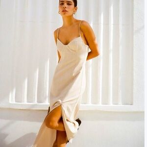 Zara Beige Linen Midi Dress Sz Medium Vacation Resort Spring Summer